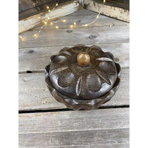 Round Wood Carved Trinket Jewelry Rings Watches Box Made In Spain With Lid